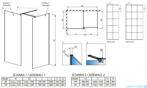 Radaway Modo New Black III kabina Walk-in 60x100x200 Factory rysunek techniczny