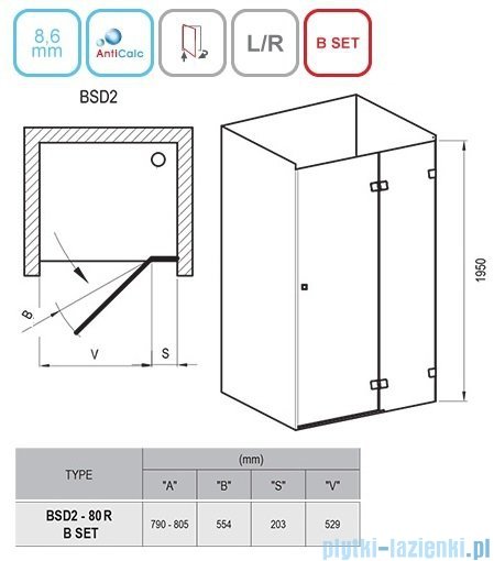 Ravak Brilliant BSD2 drzwi prysznicowe 80cm prawe transparent 0UP4AA00Z1