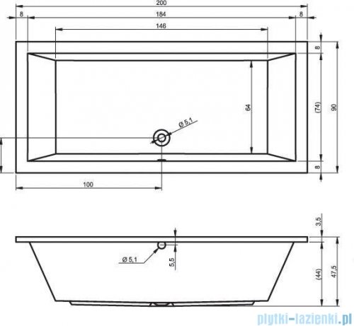 Riho Lusso wanna prostokątna 200x90cm nogi+syfon B016001005/207095/19975
