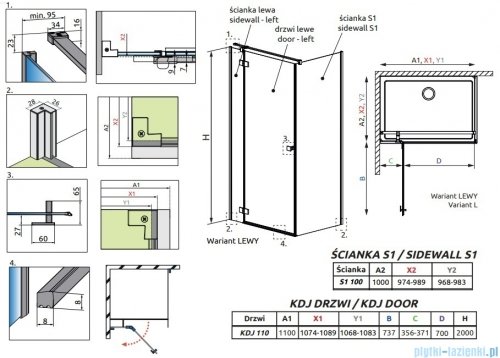 Radaway Essenza 8 Gold Kdj kabina 110x100cm lewa złoty połysk/szkło przejrzyste 10480712-01-01L/10470337-09-01L/10113100-01-01