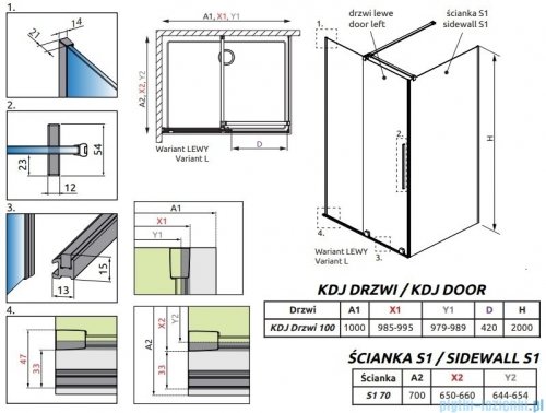 Radaway Furo Gold Kdj kabina 100x70cm lewa szkło przejrzyste 10104522-09-01L/10110480-01-01/10113070-01-01