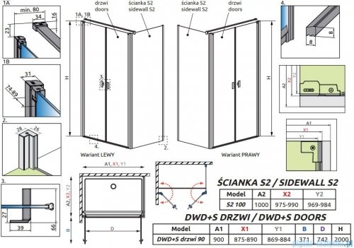 Radaway Nes 8 Black DWD+S kabina 90x100cm czarny mat/szkło przejrzyste 10081190-54-01/10080100-54-01 