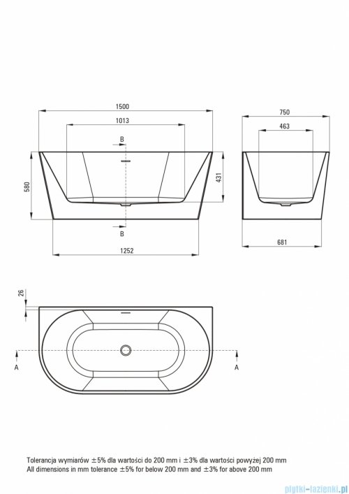 Deante SILIA Wanna akrylowa przyścienna wolnostojąca 150x75 cm KDS_015W