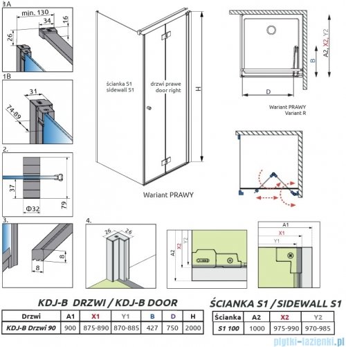 Radaway Nes Kdj B Brushed Nickel kabina 90x100cm prawa szczotkowany nikiel 10025090-91-01R/10039100-01-01