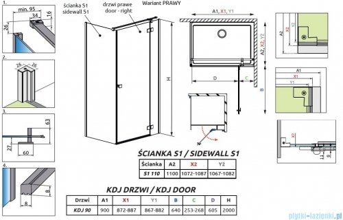 Radaway Essenza Kdj kabina 90x110cm prawa szkło przejrzyste 1385044-01-01R/1384053-01-01