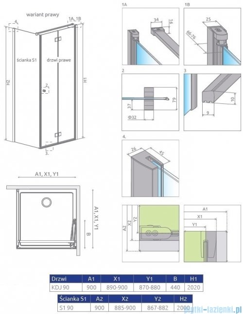 Radaway Essenza New KDJ-B kabina prysznicowa 90x90 prawa przejrzyste 385082-01-01R/384050-01-01