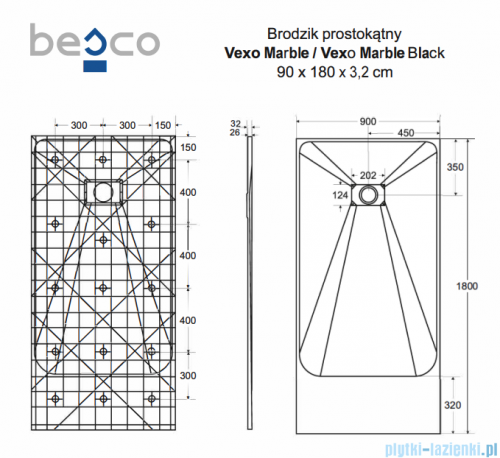 Besco Vexo Marble Black 180x90cm brodzik prostokątny VMB-180-90-P