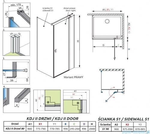 Radaway Nes Kdj II Brushed Nickel kabina 80x100cm prawa szczotkowany nikiel 10032080-91-01R/10039100-01-01