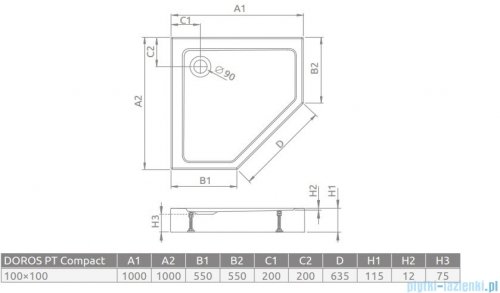 Radaway Doros Pt Compact Stone brodzik pięciokątny 100x100x11,5cm biały SDRPT1010-05-04S