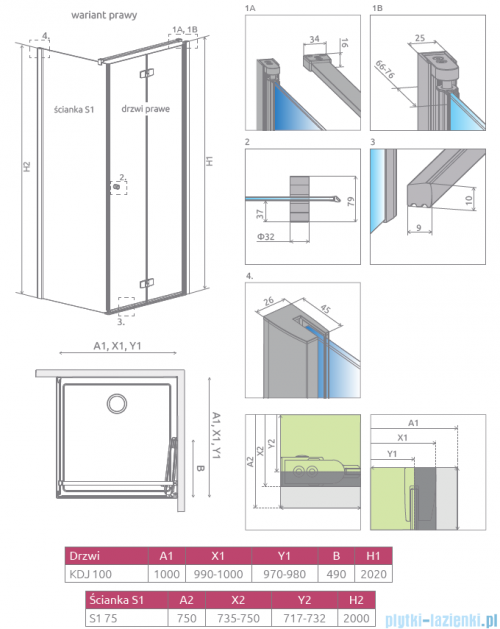 Radaway Fuenta New KDJ-B kabina prysznicowa 100x75 prawa przejrzyste + brodzik Delos D + syfon 384083-01-01R/384049-01-01/4D17555-03