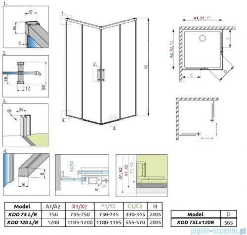 Radaway Idea Gold Kdd kabina 75x120cm złoty połysk/szkło przejrzyste 387066-09-01L/387064-09-01R