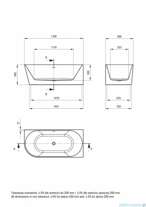  Deante SILIA Wanna akrylowa narożna wolnostojąca prawa 170x80 cm KDS_017P