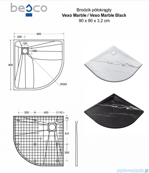 Besco Vexo Marble Black brodzik 90x90cm półokrągły Czarny Marmur  VMB-90-90-P
