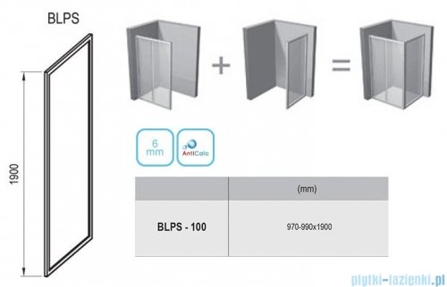 Ravak Blix BLPS ścianka boczna stała 100cm aluminium grape Anticalc 9BHA0C00ZG