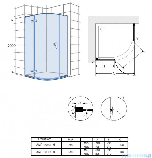 Roca Metropolis Rondo kabina półokrągła profile CZARNY MAT 90x90cm szkło przejrzyste AMP1009016M