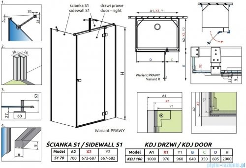 Radaway Essenza Black Kdj+S kabina 70x100x70cm prawa szkło przejrzyste 1384048-01-01/1385022-54-01R/1384048-01-01