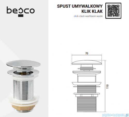 Besco Spust umywalkowy klik-klak z pokrywą ceramiczną  czarny matt OUCL-KKCZ