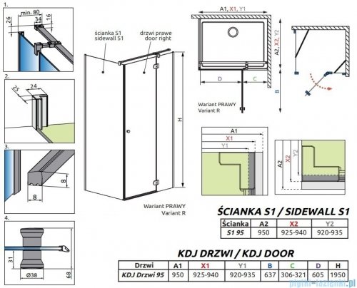 Radaway Torrenta KDJ kabina prysznicowa 95x95 prawa przejrzyste wspornik krzyżowy 133295-01-01R/1330095-01-01