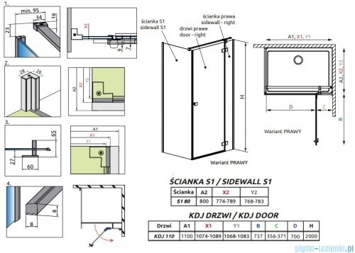 Radaway Essenza 8 Brushed Copper Kdj kabina 110x80cm prawa szczotkowana miedź 10480712-01-01R/10470337-93-01R/10113080-01-01