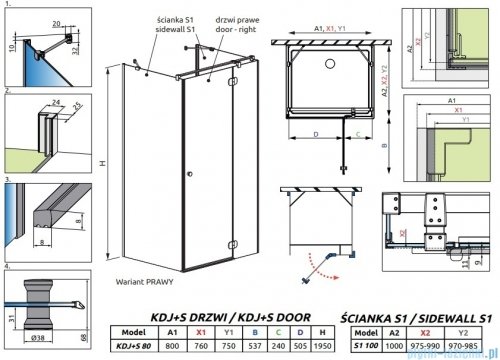 Radaway Torrenta KDJ+S kabina prysznicowa 100x80x100 prawa chrom połysk/przejrzyste 1330100-01-01/133380-01-01R/1330100-01-01
