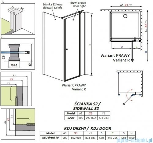 Radaway Eos II KDJ kabina prysznicowa 90x80 prawa szkło przejrzyste rysunek techniczny