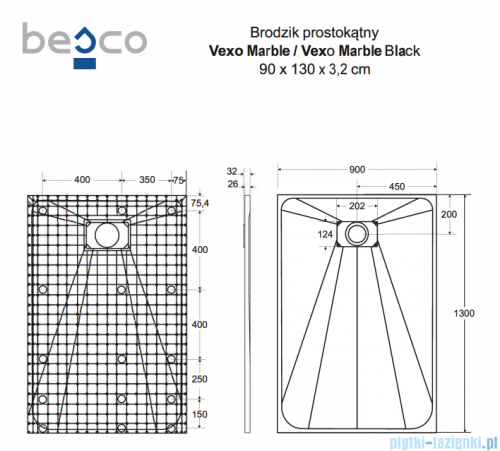 Besco Vexo Marble Black 130x90cm brodzik prostokątny VMB-130-90-P
