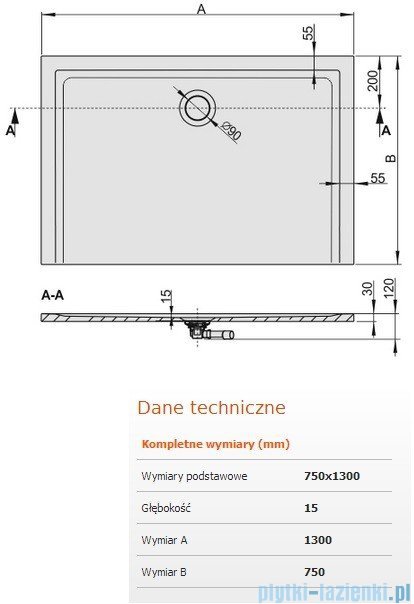 Sanplast Space Mineral brodzik prostokątny z powłoką 130x75x1,5cm+syfon 645-290-0260-01-002