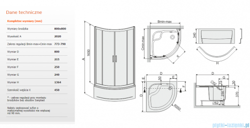Sanplast TX kpl-KP4/TX5b kabina narożna półokrągła + brodzik 80x80x202 cm przejrzyste 602-271-0352-38-401