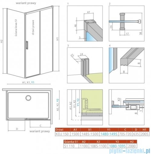 Radaway Idea Kdj Brushed Nickel kabina 150x110cm prawa szczotkowany nikiel 387045-91-01R/387053-91-01L