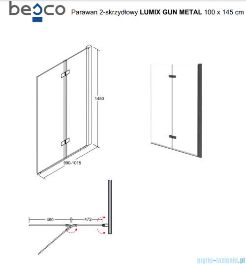 Besco Lumix Gun Metal parawan nawannowy 2-skrzydłowy Szczotkowany Grafit 100x145cm PLGM-2S