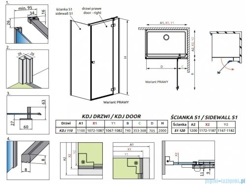 Radaway Essenza Kdj Gold kabina 110x120cm prawa szkło przejrzyste 1385041-09-01R/1384054-01-01