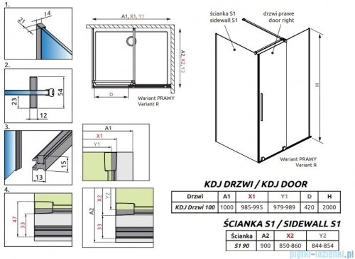 Radaway Furo Kdj Brushed Copper kabina 100x90cm prawa szczotkowana miedź 10104522-93-01R/10110480-01-01/10113090-01-01