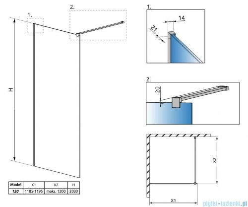 Radaway Modo New II Brushed GunMetal kabina Walk-in 120x200 szczotkowany grafit 389124-92-01
