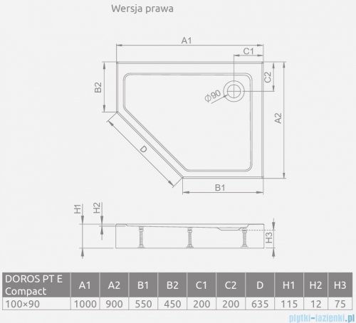 Radaway Doros PT E Compact Stone brodzik pięciokątny 100x90 prawy kaszmirowy SDRPTP1090-05-84SR