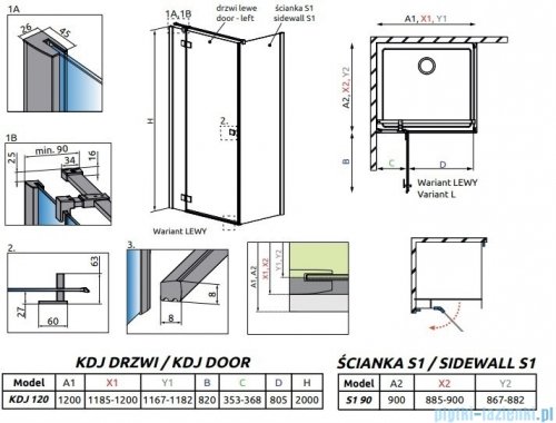 Radaway Essenza New Black Kdj kabina 120x90cm lewa szkło przejrzyste 385042-54-01L/384050-54-01