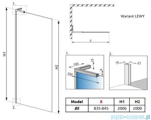 Radaway Modo SL II Brushed Light Gold kabina Walk-in 85x200 lewa szczotkowane jasne złoto szkło przejrzyste 10319085-98-01L