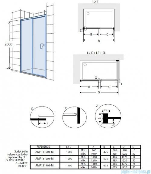 Roca Metropolis drzwi prysznicowe 120x200cm przejrzyste profile CZARNY MAT AMP1312016M