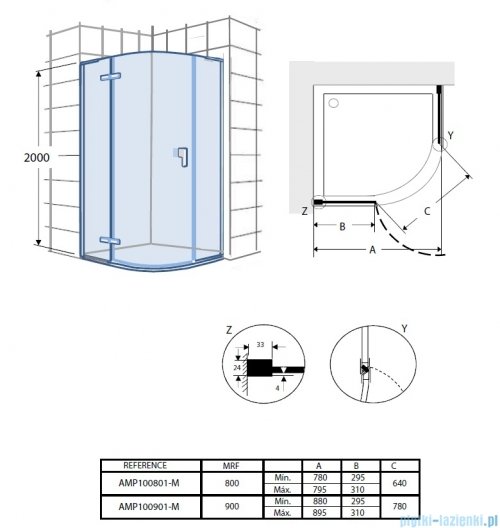 Roca Metropolis Rondo kabina półokrągła 90x90cm szkło przejrzyste AMP1009012M