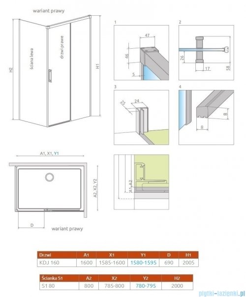 Radaway Idea Gold Kdj kabina 160x80cm prawa złoty połysk/szkło przejrzyste 387046-09-01R/387051-09-01L