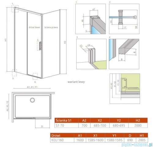 Radaway Idea Kdj kabina 160x70cm lewa szkło przejrzyste 387046-01-01L/387048-01-01R