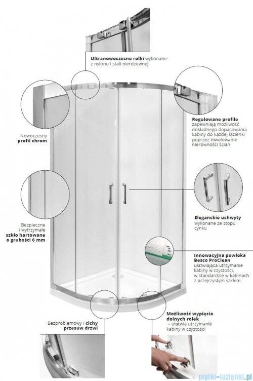 Besco Modern kabina półokrągła 90x90x185cm przejrzyste MP-90-185-C