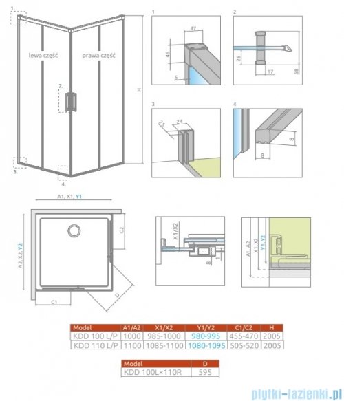 Radaway Idea Kdd Brushed GunMetal kabina 100x110cm szczotkowany grafit 387062-92-01L/387063-92-01R