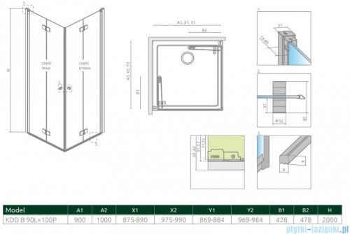 Radaway Nes 8 Kdd B kabina 90x100cm szkło przejrzyste 10074090-01-01L/10074100-01-01R