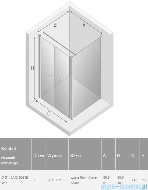New Trendy New Soleo 90x100x195 cm kabina wspornik równoległy przejrzyste D-0145A/D-0093B-WP