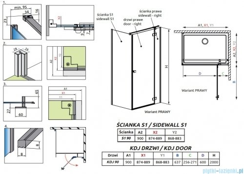 Radaway Essenza 8 Gold Kdj kabina 90x90cm prawa złoty połysk/szkło przejrzyste 10480612-01-01R/10470237-09-01R/10113090-01-01