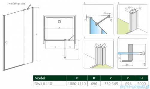Radaway Nes Dwj II drzwi wnękowe 110cm prawe szkło przejrzyste 10036110-01-01R