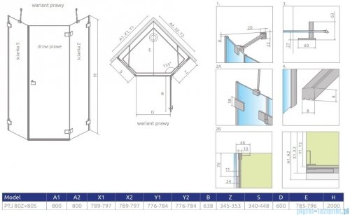 Radaway Essenza Pro Brushed GunMetal Ptj kabina pięciokątna 80x80 prawa szczotkowany grafit 10100000-92-01R/10100100-01-01