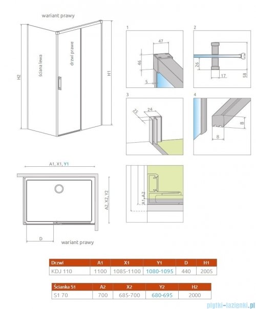 Radaway Idea Gold Kdj kabina 110x70cm prawa złoty połysk/szkło przejrzyste 387041-09-01R/387048-09-01L