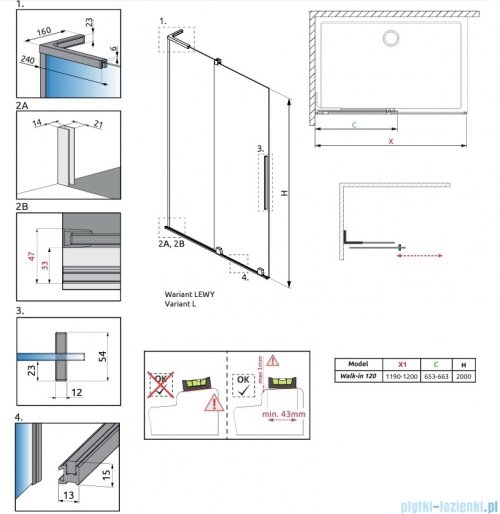 Radaway Furo Gold  SL kabina Walk-in 120x200cm lewa złoty połysk/szkło przejrzyste 10306638-09-01L/10110594-01-01