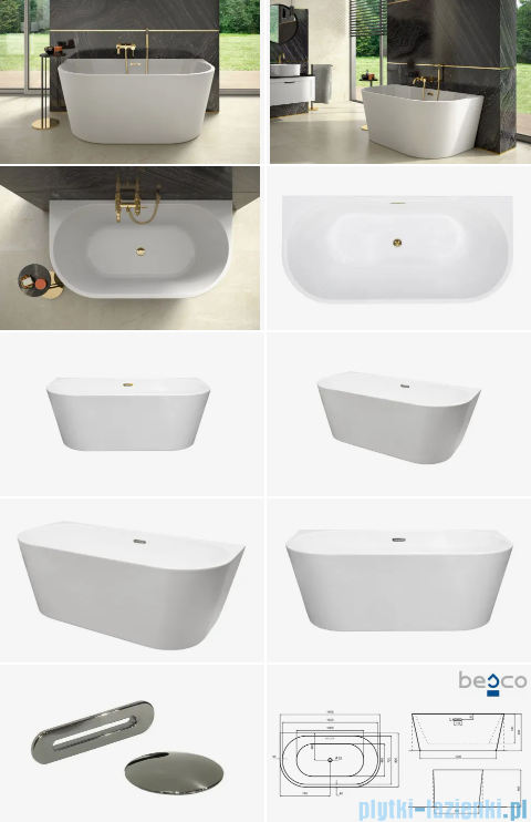 Besco Vica New wanna 150x80cm wolnostojąca przyścienna z przelewem szczelinowym slim syfon klik-klak grafit gun metal #WAS-150VNGR